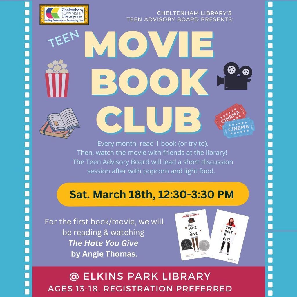 Check out the Cheltenham Library's Teen Movie Book Club this Saturday from 12:30-3:30 p.m. instagr.am/p/Cp0cRydMdIj/