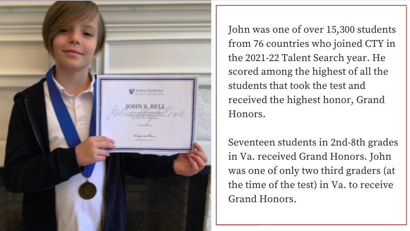 SSSASsaints's tweet photo. #SSSASGrade4 student John Bell '31 received Grand Honors in the Johns Hopkins Center for Talented Youth (CTY) talent search awards! Way to go, Saints! #SaintsConnected https://t.co/U6kG04syhA