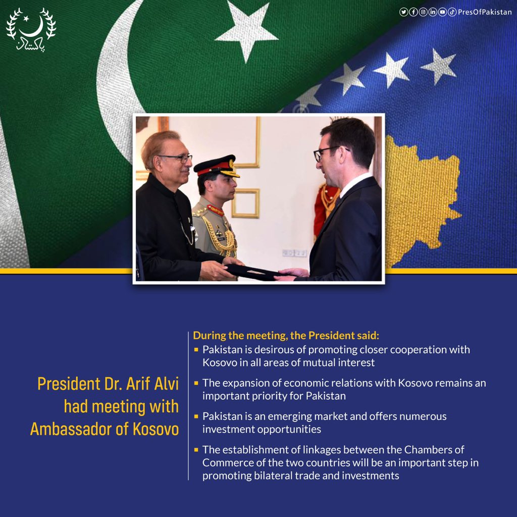PresOfPakistan's tweet photo. President Dr. Arif Alvi had a meeting with the Ambassador of Kosovo. https://t.co/sbMv2FQIQr