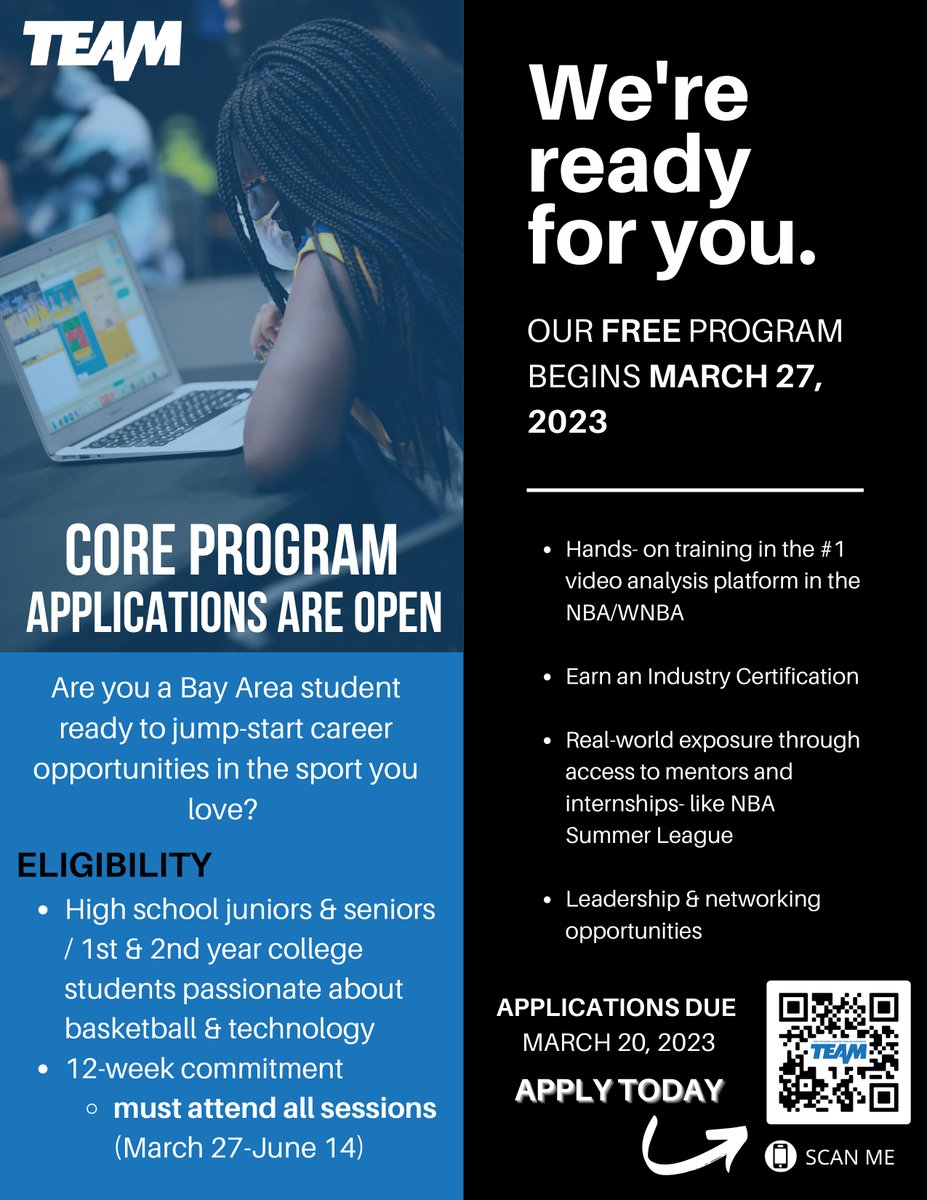 WeAreTeamInc's tweet image. Learning about #Sportsanalytics is where it&apos;s at! 🙌🏿

🚨Applications to TEAM Inc #CoreProgram are now open for high school 11th &amp;amp; 12th graders + college freshman &amp;amp; sophomores in the Bay Area. Deadline to apply is 3/20.

Apply now at: forms.gle/SfxaQyuWrK2Yj3…