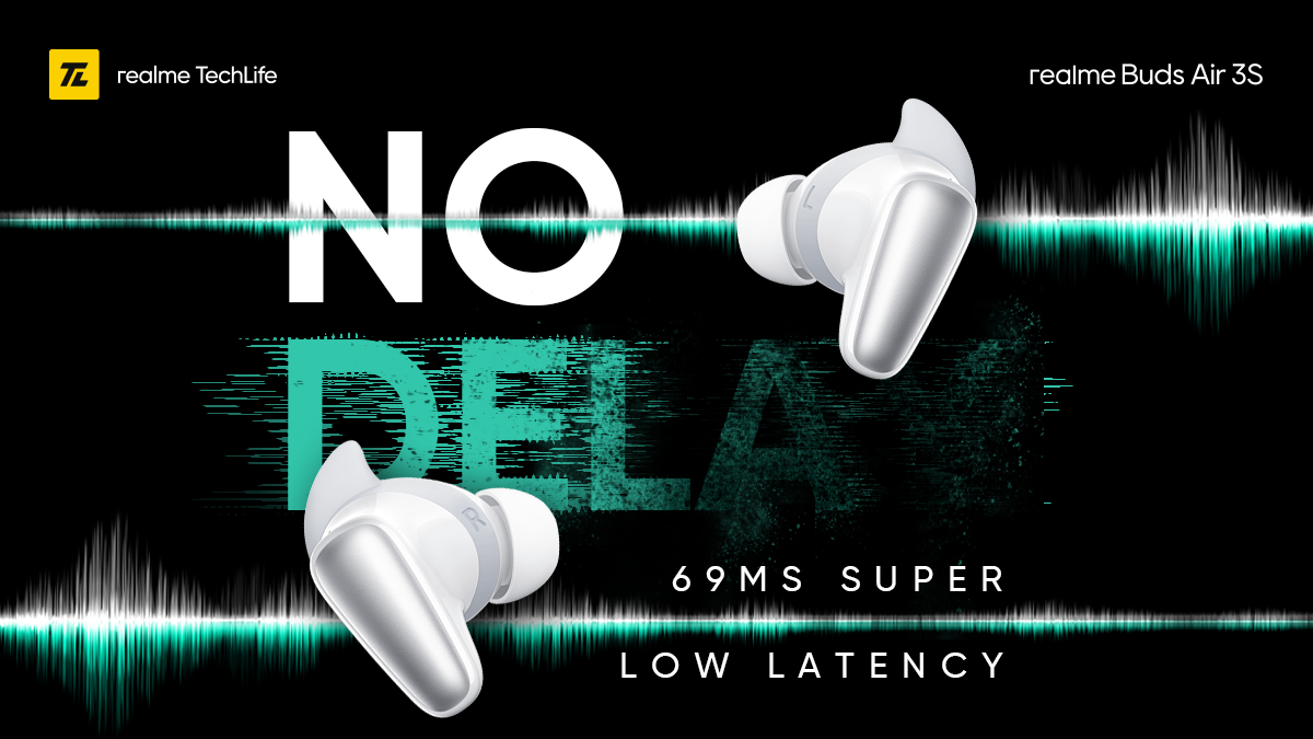 realmenarzoIN's tweet photo. Delay? What’s that? The #realmeBudsAir3S features 69ms Super Low Latency. 
 
#BornForBass 

Available on https://t.co/n3vAbwM2m7 and @amazonIN.
Buy now: https://t.co/8EVEzy0gsG https://t.co/Uumgfq2HoT