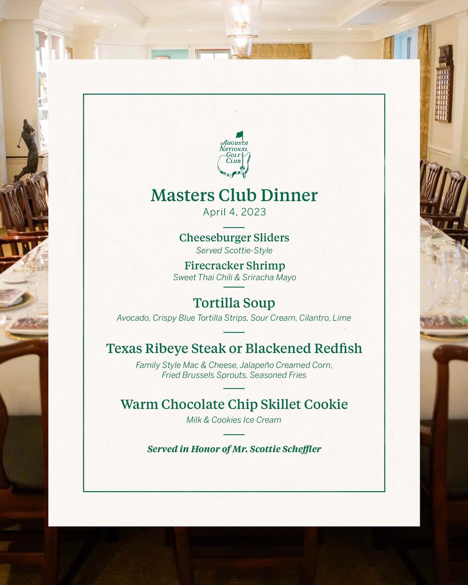 thierrydavid67's tweet image. Rien que pour le plaisir de lire un menu digne de ce nom, j&apos;aimerais un jour qu&apos;un 🇫🇷 remporte @TheMasters 
En attendant, pour Scottie ce sera ça 👇🏻