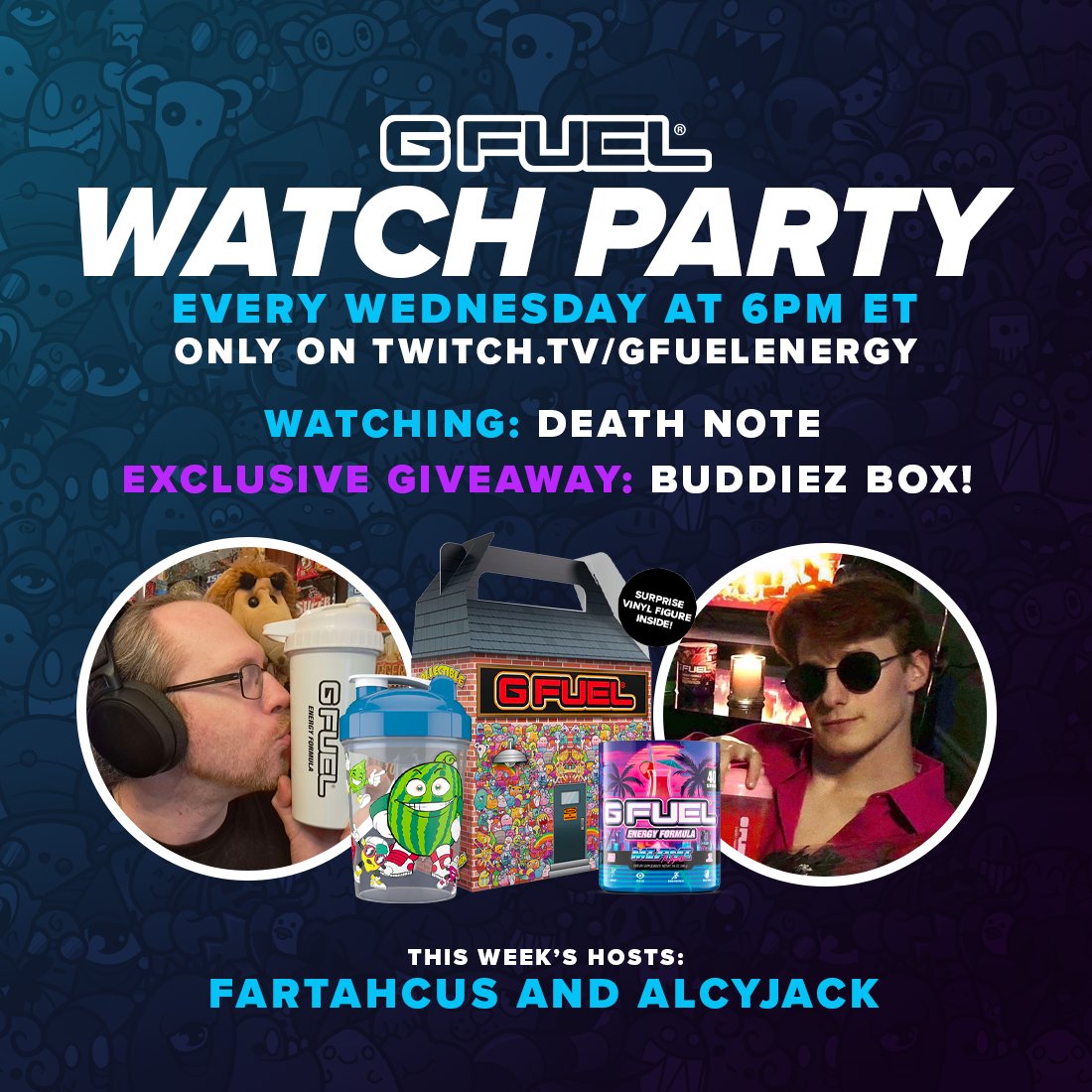 Hey #GSquad you wanna win some #GFuel while watching a fun movie? Well grab your popcorn and come join me and <a href="/AlcyJack/">AlcyJack</a> tonight live on the <a href="/GFuelEnergy/">G FUEL®</a> Twitch channel!

See you there? 👀