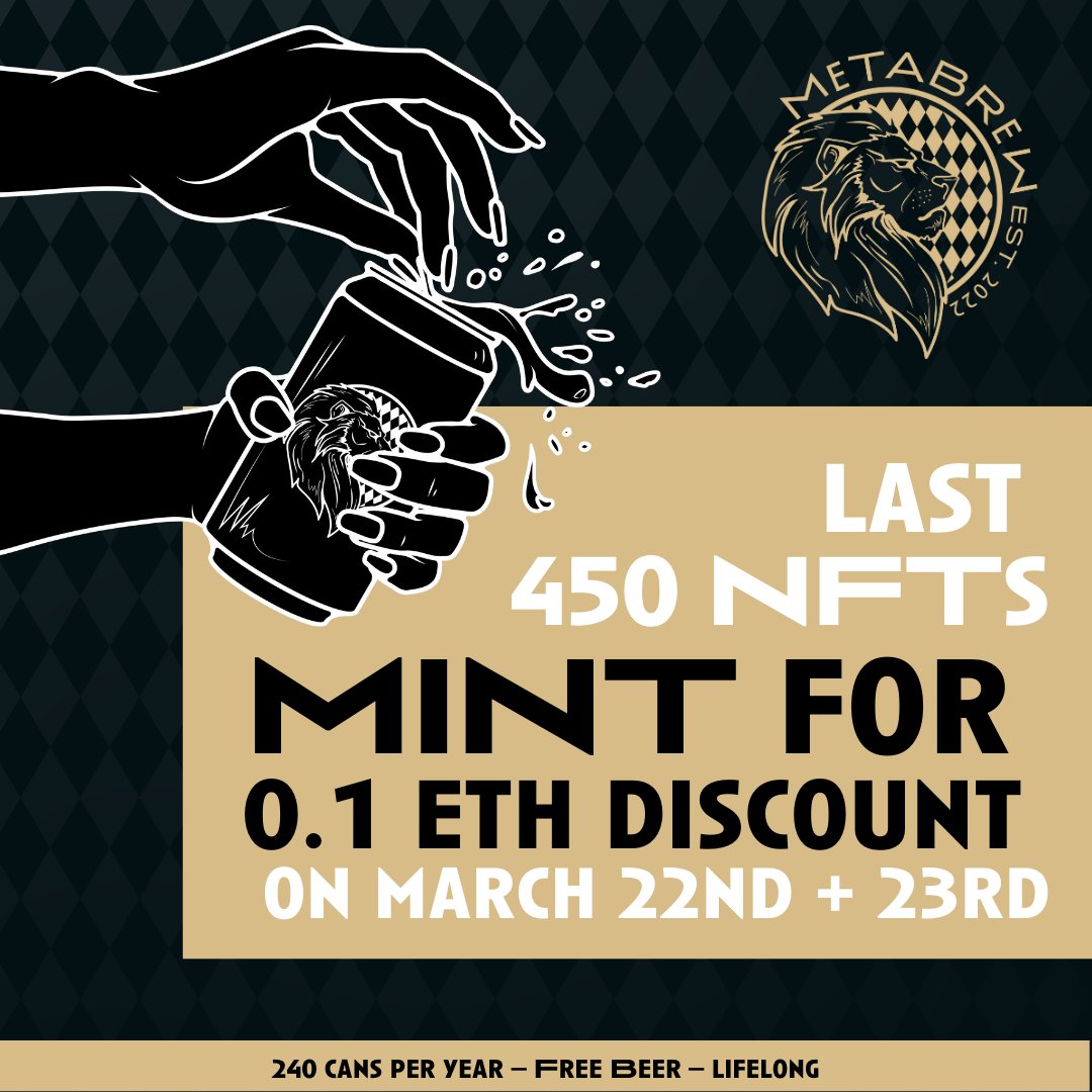 Last chance to secure your spot in the ultimate beer-loving fam! Only 450 #NFTs left to grab 240 FREE BEERS a year 🍻🎉 Lifelong. 

Don't miss out to mint at a discount of -0.1 ETH next week. Register at the Premint-Link below. 

Spread the word to your crew &amp; raise a glass to a