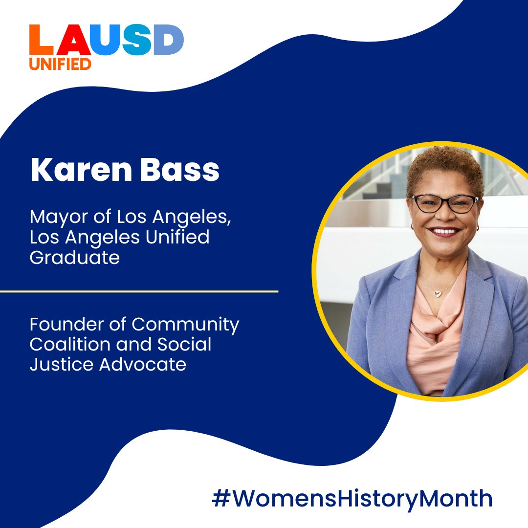 A product of <a href="/LASchools/">Los Angeles Unified</a>, Karen Bass has made a lifetime commitment to social and economic justice. As the first woman to be elected @MayorofLA, she continues paving the way for future generations to come. @karenbassLA #womenshistorymonth #herstory