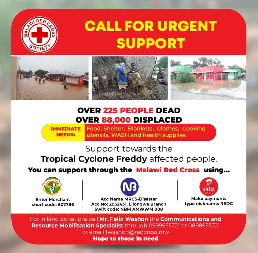 MalawiRedCross's tweet photo. 225 people have died. Over 83,000 people are displaced. Tropical Cyclone Freddy has done this to Malawi. @MalawiRedCross is seeking urgent support to help the affected population who are in dire need of humanitarian assistance. Contact fwashon@redcross.mw or +265999955721 https://t.co/8Q05qsHHfh