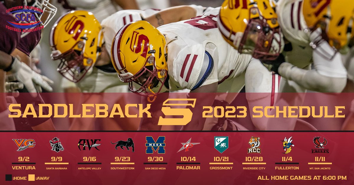 GoSCBobcats's tweet photo. The 2023 Saddleback football schedule has been released.  Read about it at https://t.co/jYXqa60Ql0
@scfafootball @Saddleback_FB @OCSportsZone @OCRegSports @CCCAASports @SaddlebackColl https://t.co/TvGWzFZIGh