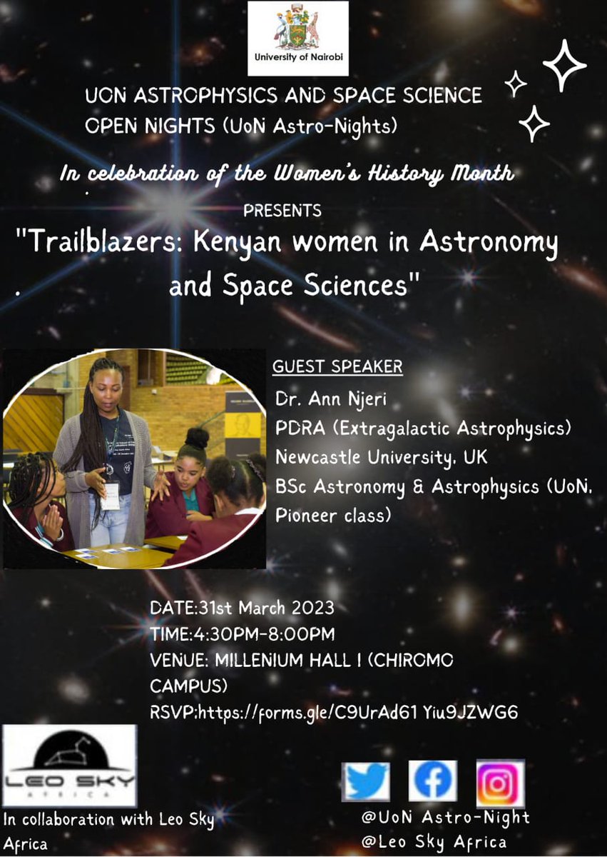 UoN_Astro_Night's tweet photo. It's almost that time of the month! @uonbi together with @LeoSkyAfrica is bringing you another Astro-night this last Friday of the month. Our guest speaker will be Dr. Ann Njeri, a graduate of the Astronomy and Astrophysics course at UoN, and currently working at Newcastle Uni. https://t.co/c6Y6iaKWUd