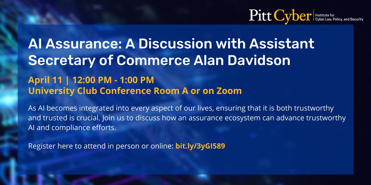 We all aware of how AI is becoming integrated into and shaping our lives. Join us on April 11 to discuss how we can ensure AI is both trustworthy and trusted with <a href="/DavidsonNTIA/">Alan Davidson</a> and others. Register here: bit.ly/3yGI589