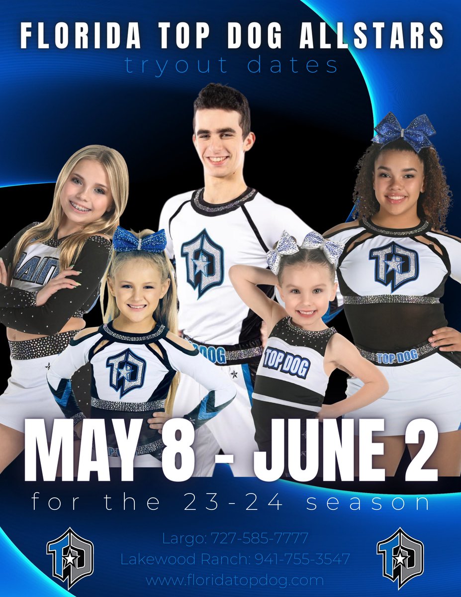 💙 The 23-24 season is right around the corner! 

🤙🏻 Mark your calendars for our tryout dates, May 8-June 2. 

🐾 More information &amp; registration opportunities coming soon! 

#TopDog #AllstarCheer #Season24 #Ohana