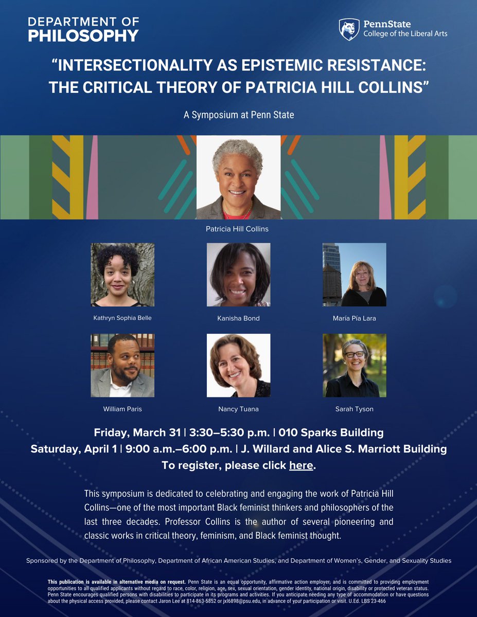 PHILatPSU's tweet photo. Patricia Hill Collins—one of the most important Black Feminist thinkers and philosophers in recent history—will visit University Park on Friday, March 31 and Saturday, April 1 to lead a symposium on “intersectionality as epistemic resistance.” https://t.co/K9zwnSCLJm