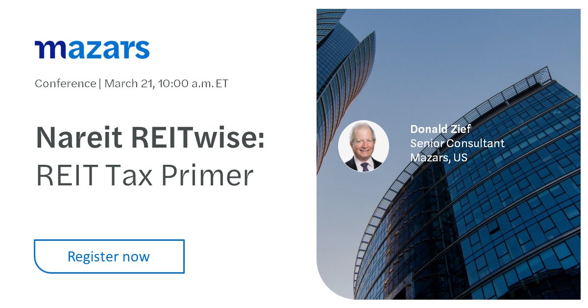 RonLagnado's tweet photo. Join Donald Zief, Senior Consultant at Mazars, along with a group of panelists as they discuss REIT income and asset tests, UPREITS and DownREITS, and more!
Register now: https://t.co/T75erptS1R https://t.co/BtH9jpbskG