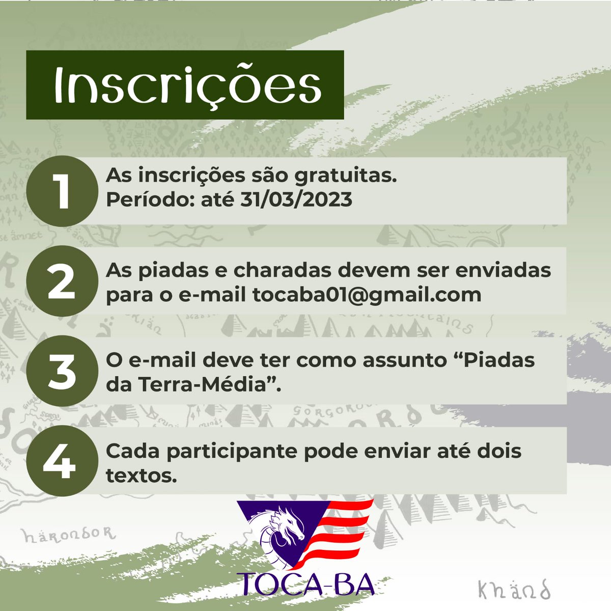 toca_pe_'s tweet photo. Piadistas? Criativo? Gosta de #Tolkien e o universo da Terra Média? Chegou sua chance de ser eternizado em um livro de piadas e contos bem humorados sobre a Terra Média. Participe, mande sua piada criticava e de bom humor até dia 31/03.
#TocaBA #piadas #humor #terramedia https://t.co/FkxYAvDk0w