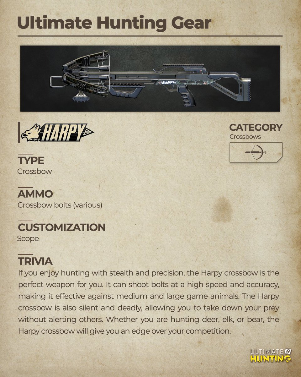 HuntingUltimate's tweet photo. Unleash your inner harpy with the deadly claws of our Harpy hunting crossbow 🦅

👀More in the comments!

#UH #UHG #ULTIMATEHUNTING #HUNTINGGAME #HUNTINGSIM https://t.co/8ZTEZhkZrM