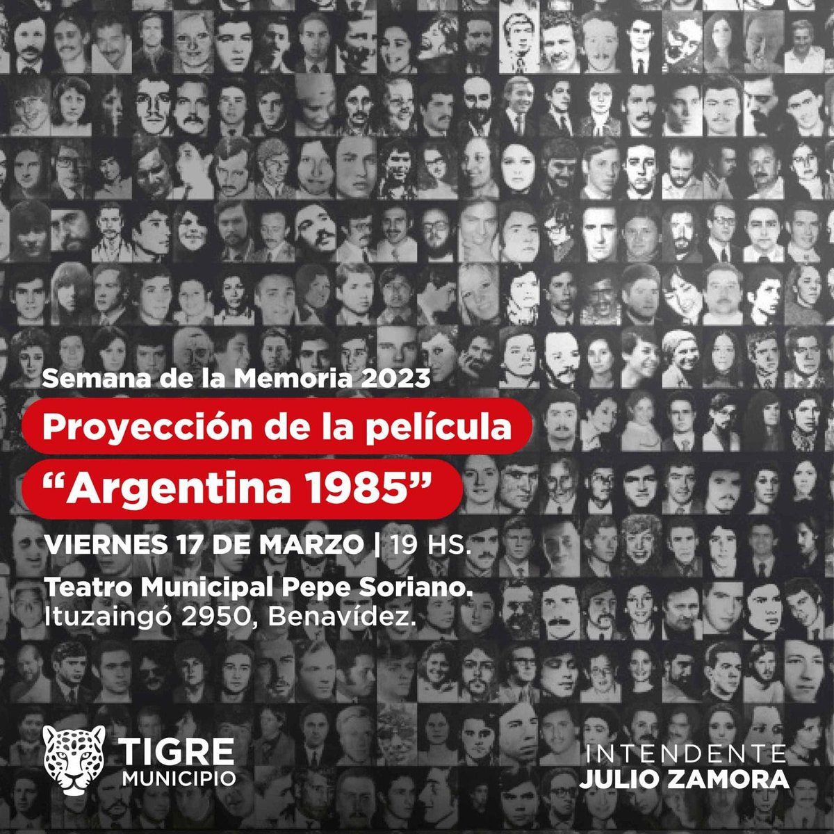 MunicipioTigre's tweet photo. En la Semana de la Memoria, los invitamos a ver la proyección del film "Argentina 1985" en el Teatro Municipal Pepe Soriano. Las entradas se retiran a partir del día martes de 10 a 18 hs en la boletería. https://t.co/aufAxHTveL