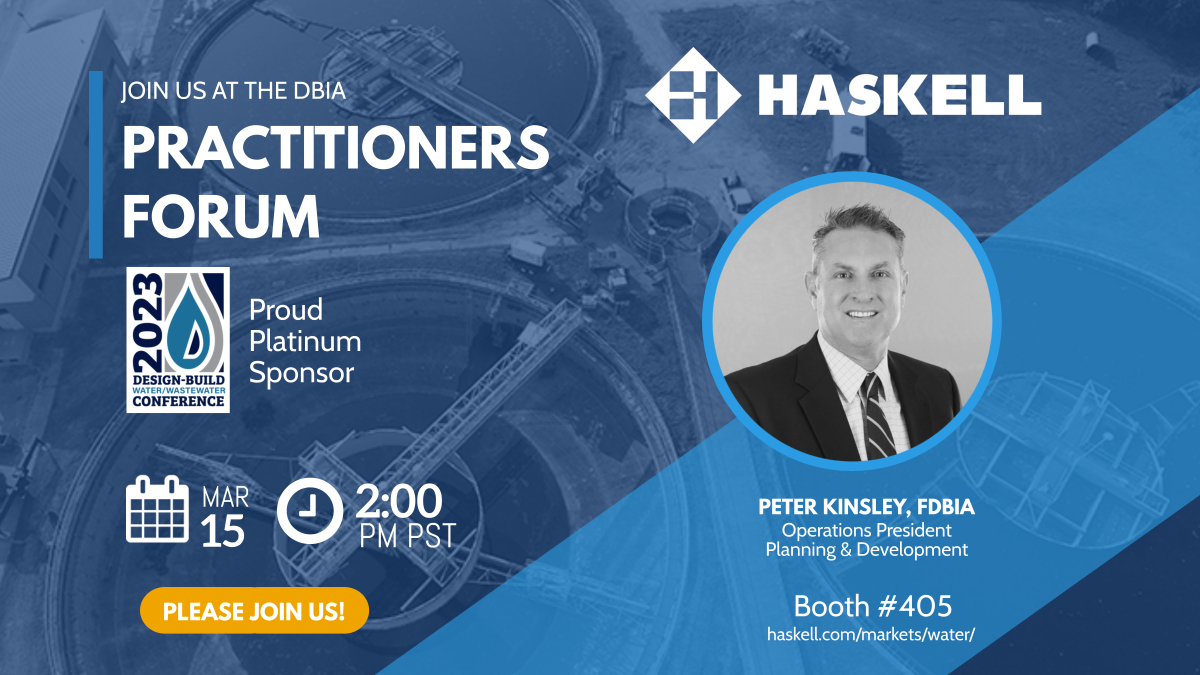 HaskellCo's tweet photo. Haskell’s Peter Kinsley, FDBIA, is a speaker at the Practitioners Forum this afternoon at 2PM PST. The session will identify ways to evolve the DBIA organization to meet member needs and advance the AEC industry. Please join us &amp; meet our team afterwards at Booth #405. #DBIAWater https://t.co/bmE652kf3R