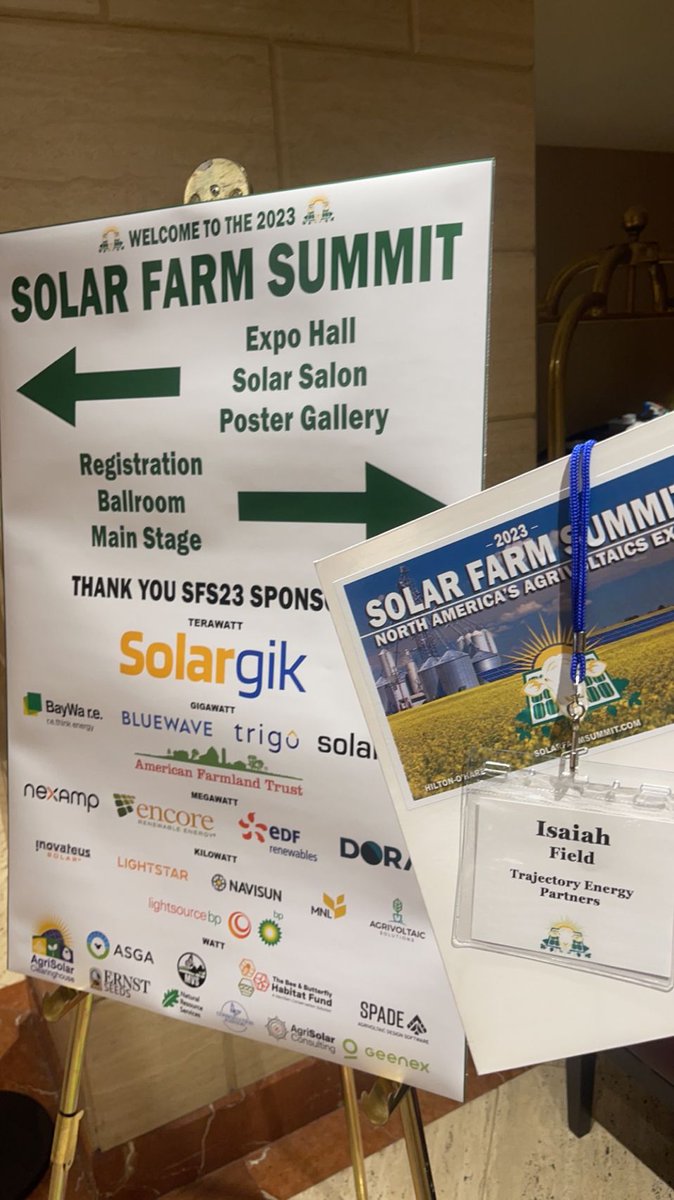 TEnergyPartners's tweet photo. Our Project Development Analyst Isaiah Field attended the @SolarFarmSummit  in Chicago yesterday - exciting to see all of the developments in the Agrovoltaics sector; thank you to the Summit organizers for an amazing event! https://t.co/osilX47Hro
