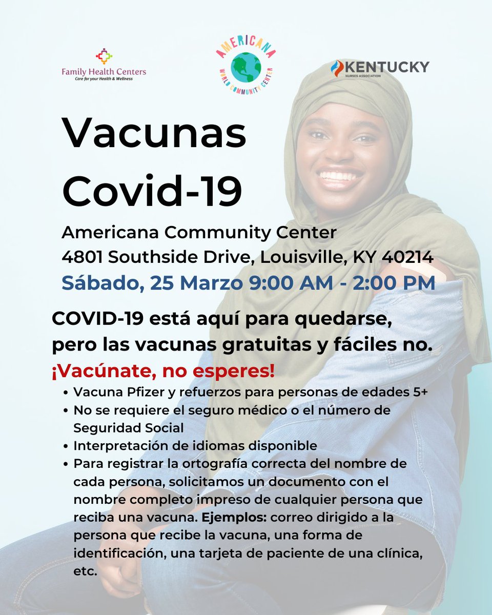 Free COVID-19 Vaccines next Saturday!
- Pfizer vaccine for ages 5+
- No health insurance or SSN needed
- Language interpretation available
- We request a document with the full name of any person receiving a vaccine. Examples: mail, form of ID, a patient card from a clinic, etc.