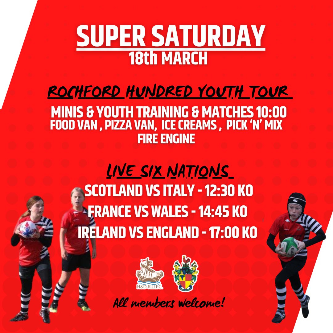 𝗧𝗵𝗶𝘀 𝗦𝗮𝘁𝘂𝗿𝗱𝗮𝘆 we’ll be hosting Rochford Hundred Mini &amp; Youth. Followed by all three Six Nations matches. 

Pop down to H&amp;D RUFC and support the Minis &amp; Youth!

▪️Family ▫️Community ▪️Respect ▫️Teamwork ▪️Enjoyment ▫️Discipline ▪️Sportsmanship