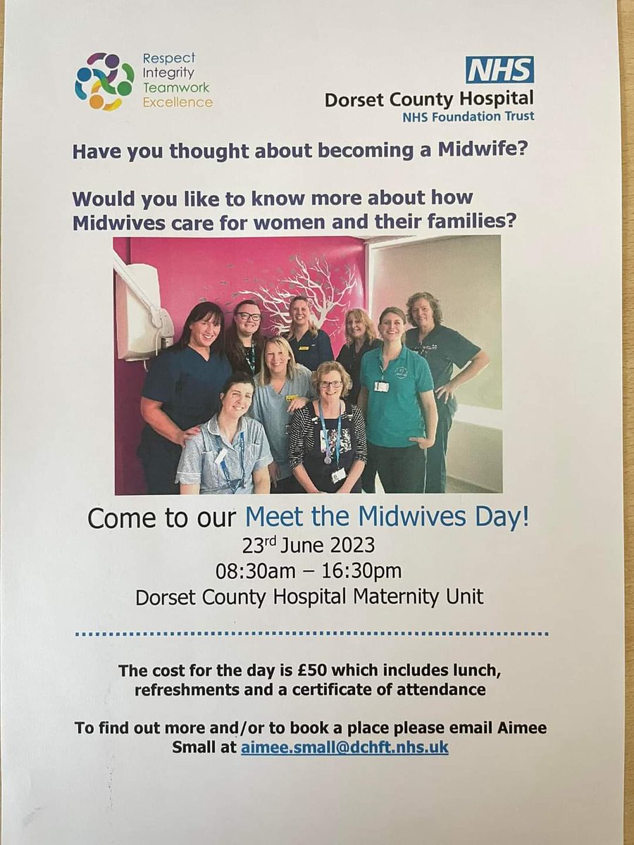 Please share 😁 Have you thought about becoming a midwife? Dorchester County Maternity Unit are running a “Meet the Midwives” Day! This will be an informative and interactive day, giving you the chance to have a real insight into the role of midwife.
