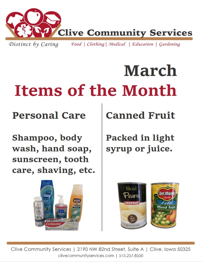 March's featured donations are personal care products (such as shampoo, body wash, hand soap, sunscreen, tooth care, shaving, etc.) and canned fruit (packed in light syrup or juice).

clivecommunityservices.com/donations/#col…

Amazon wish list: amazon.com/registry/wishl…