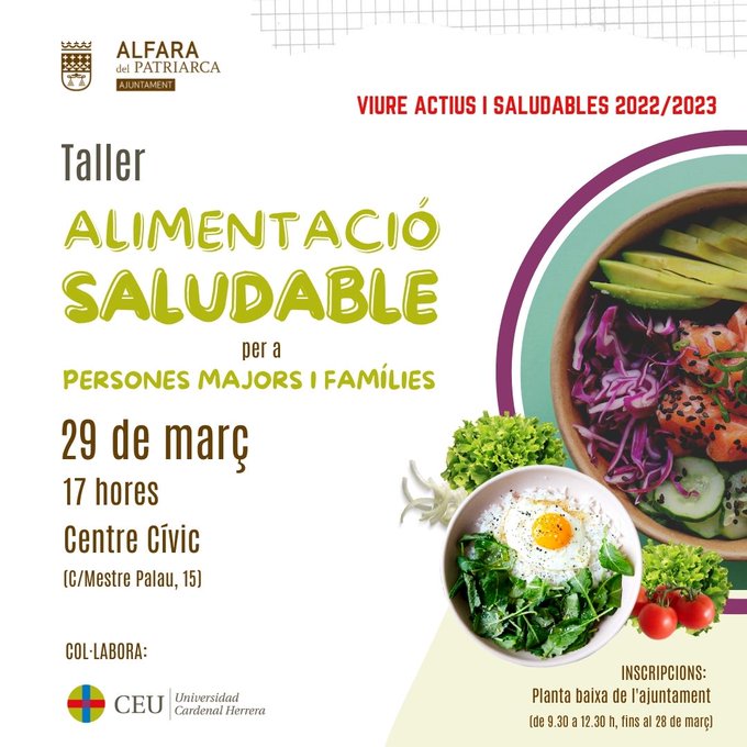aigueshorta's tweet photo. 🥘 #AlfaradelPatriarca | @Alfarajuntament organitza un taller d'alimentació saludable per a persones majors i families.
📅 29 de març a les 17h

Pots fer la teua inscripció a la planta baixa de l'ajuntament de 9.30 a 12.30 hores
Tota la info: @Alfarajuntament https://t.co/9WaxKGdDNK