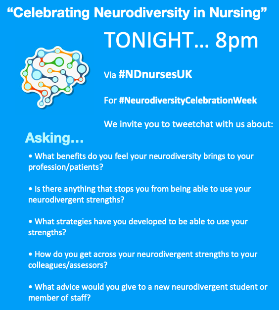 WeSchoolNurses's tweet photo. In 1 hour - a tweetchat with @ndnursesuk 

 "Celebrating Neurodiversity in Nursing"
Via #NDnursesUK 
 https://t.co/zYIGn9gvFw

Come share and learn together for #NeurodiversityCelebrationWeek

👇 Chat Questions 👇 https://t.co/yGtcZ5Ph3F