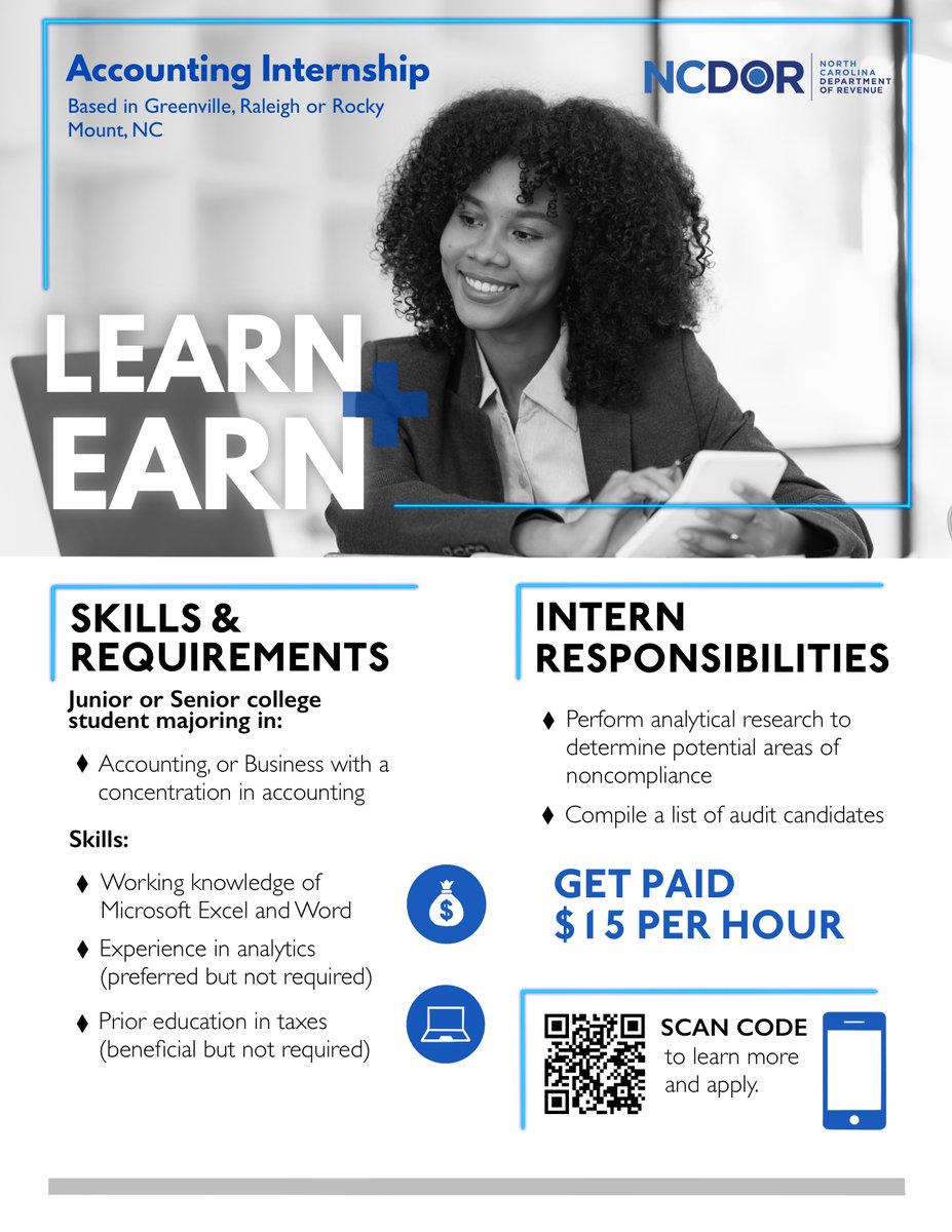 NCDOR's tweet photo. We seek talented, motivated, and eager college students to join our ranks this summer. If you have a business or accounting background, then our accounting internship will be perfect for you! For more info, please visit https://t.co/q2gkVZyb3l. #Accounting #Internship #NCDOR https://t.co/nwGRyrmeMX