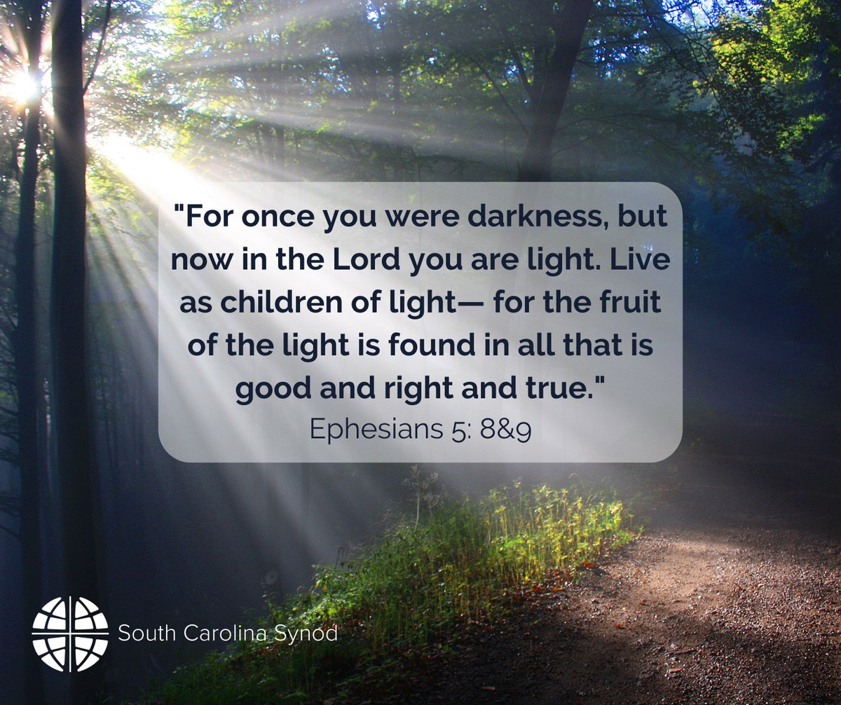 SCSynod's tweet photo. "For once you were darkness, but now in the Lord you are light. Live as children of light— for the fruit of the light is found in all that is good and right and true."
Ephesians 5: 8-9
May our lives be ones that radiate and reflect the light and love of God.
#ELCA #SCSynod #Lent https://t.co/5CEddsWWWw
