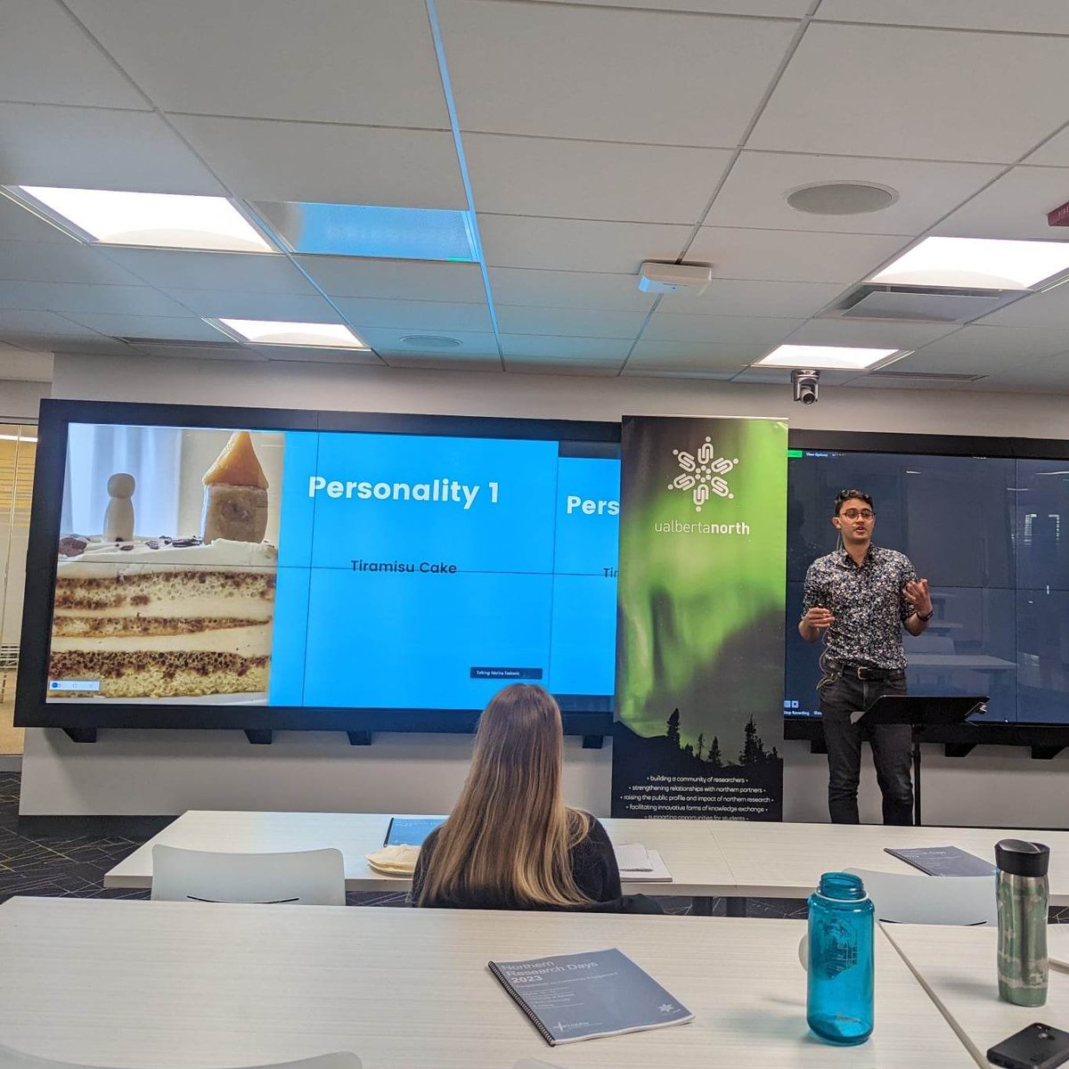 UAlbertaNorth's tweet photo. Alejandro Alvarez presents their doctoral research in @UofA_EAS : "Holocene thermokarst landscape conditioning across the Pleistocene-Holocene transition: an example from the southern Inuvik-Tuktoyaktuk Highway, NW Canada." 

&amp; explains permafrost variability using desserts! https://t.co/bpy2PPTHjv