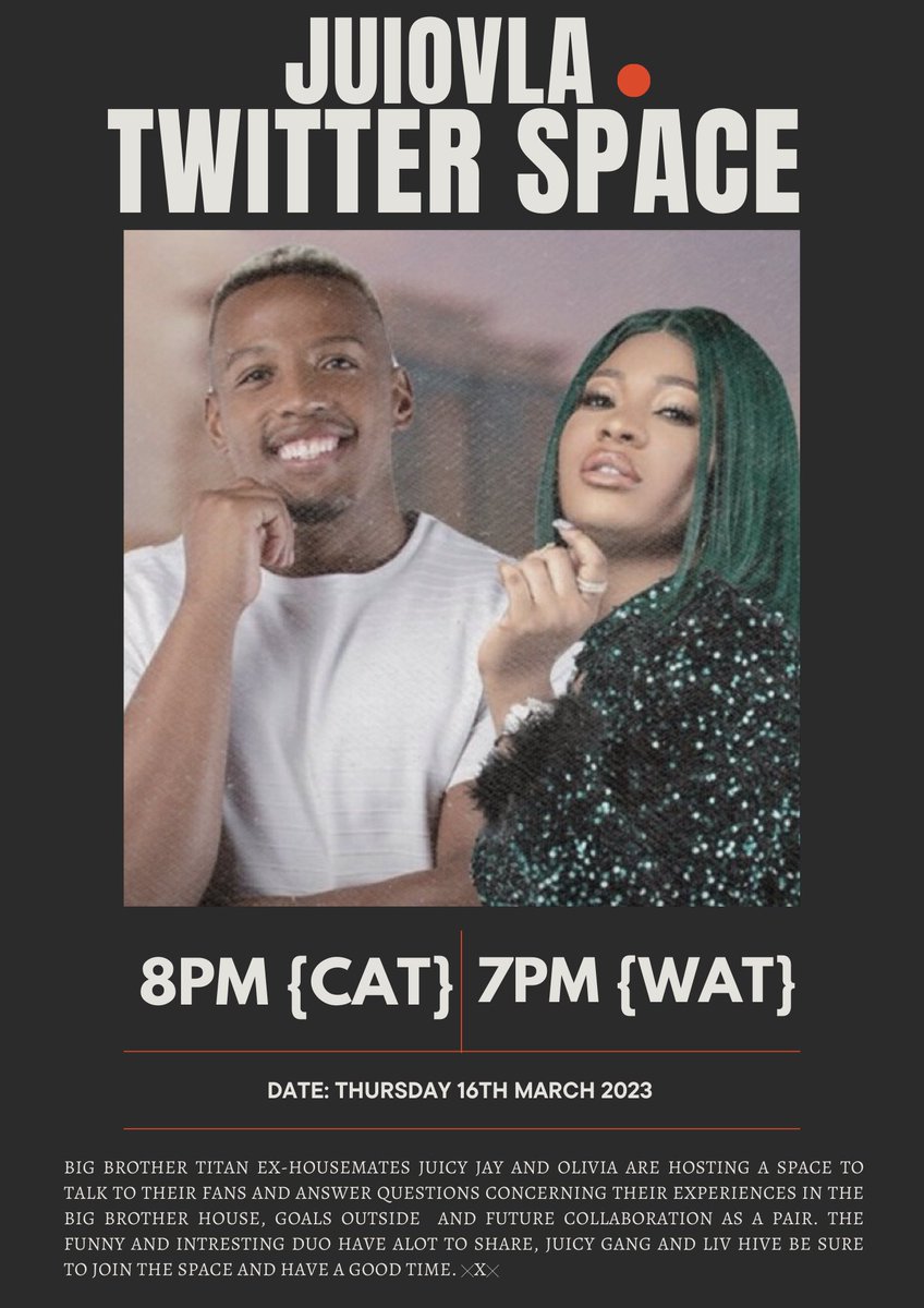 I & My Partner @theoliviaa_ 
Will be hosting a Twitter Space Tomorrow, 

Be sure to join us let’s talk the talk and have fun with it. 🧡

#JuicyJay #OliviaOkoro #juiovla