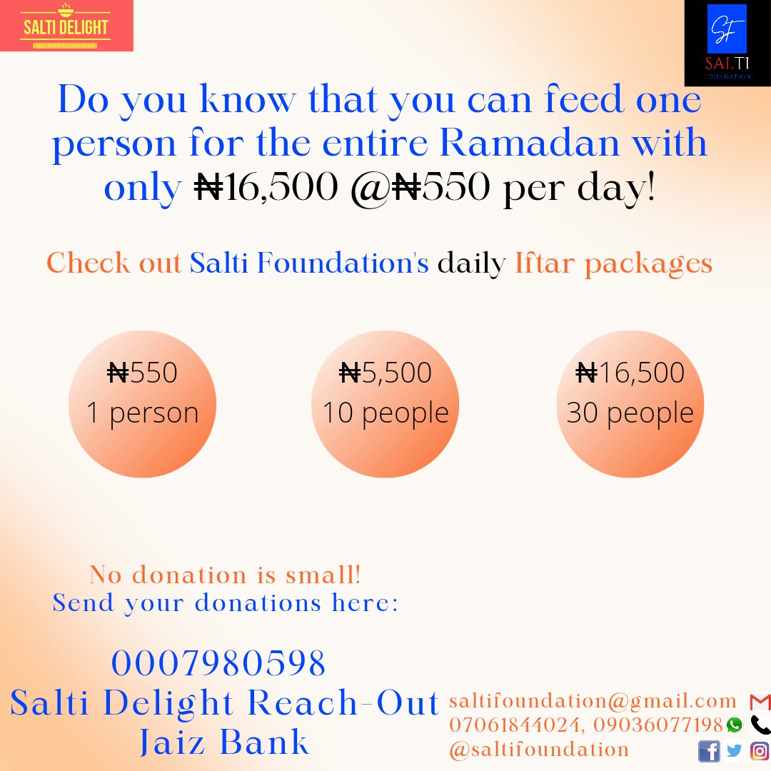 SaltiFoundation's tweet image. Assalamu Alaykum wa Rahmatullahi wa Barakatuh.

This is a kindly reminder to be part of Salti Foundation&apos;s Iftar Feeding Program as it&apos;s approximately 7 days to the Holy month of Ramadan. 

Once again, find attached our affordable Iftar Feeding Packages

Account Details: