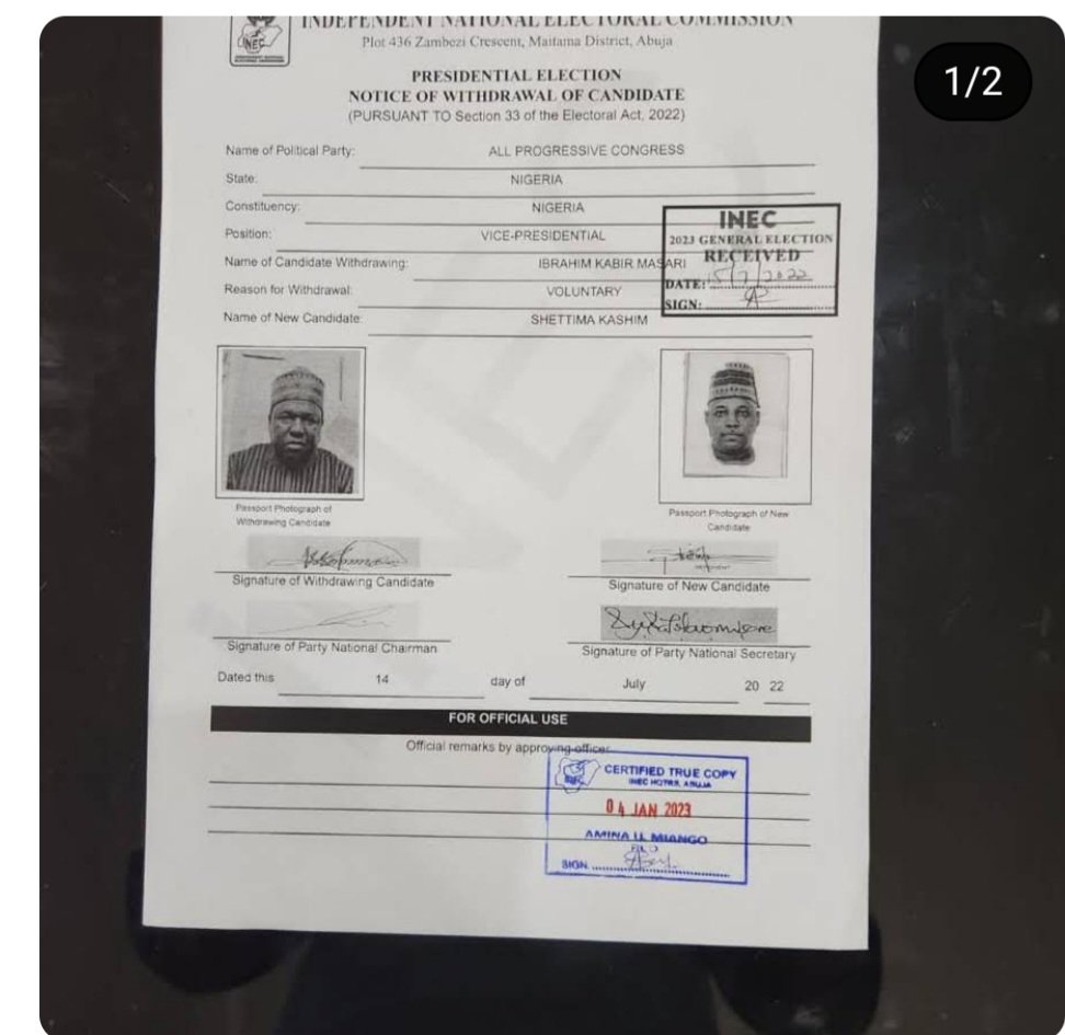 omoelerinjare's tweet photo. Shettima accepted the nomination as vice presidential candidate on the 1 4th July 2022 whilst still a senatorial candidate. After accepting the nomination as vice president he withdrew his senatorial nomination on the
15th July 2022. As at 1 4th July he had double nomination .. https://t.co/Ap2CuQiSiz