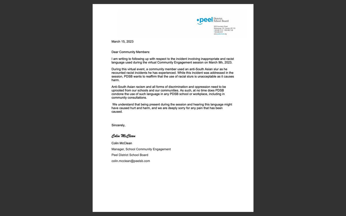 Unfortunately during the recent community engagement meeting with <a href="/PeelSchools/">Peel District School Board</a> , a use of a derogatory slur and the violation of Policy 51 by the Board.  As a citizen and member of the community, I am deeply troubled by what transpired at the meeting. Below is a the