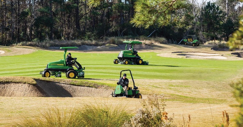 JohnDeere's tweet photo. The future is electric. And cutting edge. Get to know new John Deere Golf Course Maintenance Equipment today.