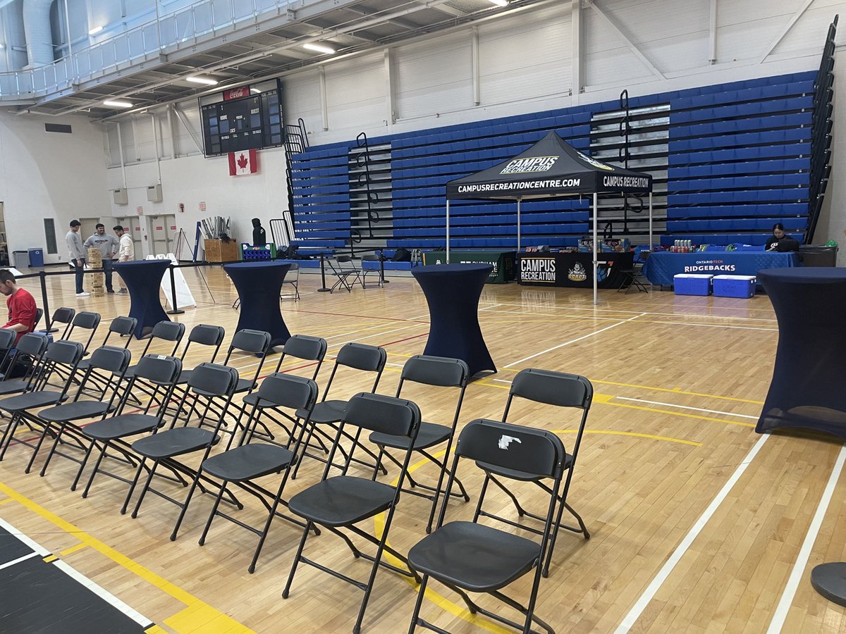 scottbarkerOT's tweet photo. The CRWC is all set for ⁦@DCOTCampusRec⁩ skills competition followed by the ⁦@DurhamLords⁩ vs ⁦@OT_Ridgebacks⁩ campus clash basketball game.  All students can participate and watch for free!   Tons of giveaways so make your way over to the gyms.  #all4students https://t.co/X0hR2xwNxv
