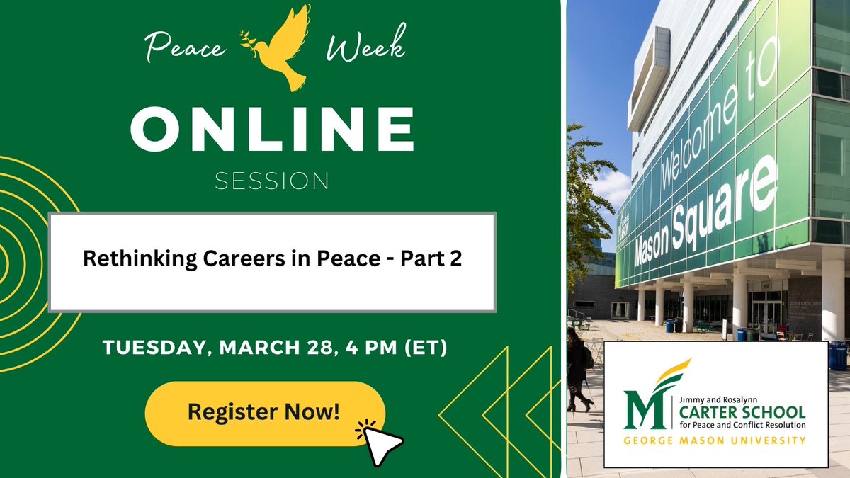 AlexRosenwald's tweet photo. Really looking forward to joining the @GMUCarterSchool #Spring2023PeaceWeek Careers Panel in a few weeks.

Thanks so much @Rocke980 for the invitation.  Looking forward to speaking with @LindsayYBS and @nicolerowsell 

Sign up today: 

https://t.co/yAbObnAyDo

#GMUCarterSchool https://t.co/7CAnOqoM1B