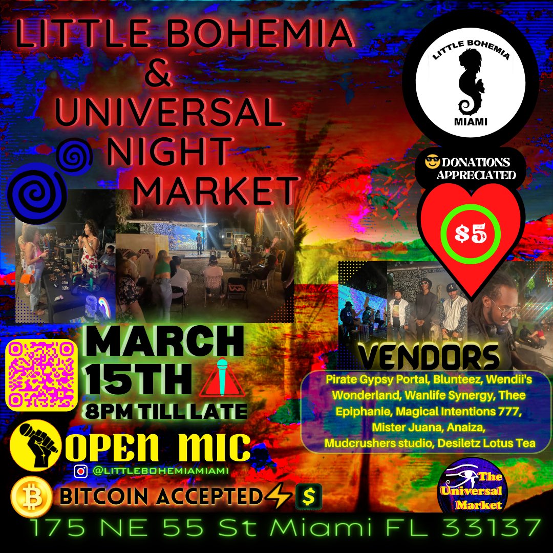 TONIGHT ⬇️ ✨ 👁 

>> March 15th<<
 🍾 🧿 <<

- 8:30pm - 2 am -
.
Little Bohemia Open Mic 🎸🎤
@littlebohemiamiami ⚡️👽
175 NE 55 St Miami FL 33137

Hosted by:  @mdotblake 🕊🌙 

Join us for a night of creative expression in MUSIC, POETRY, & VISUAL ARTS. Support local vendors