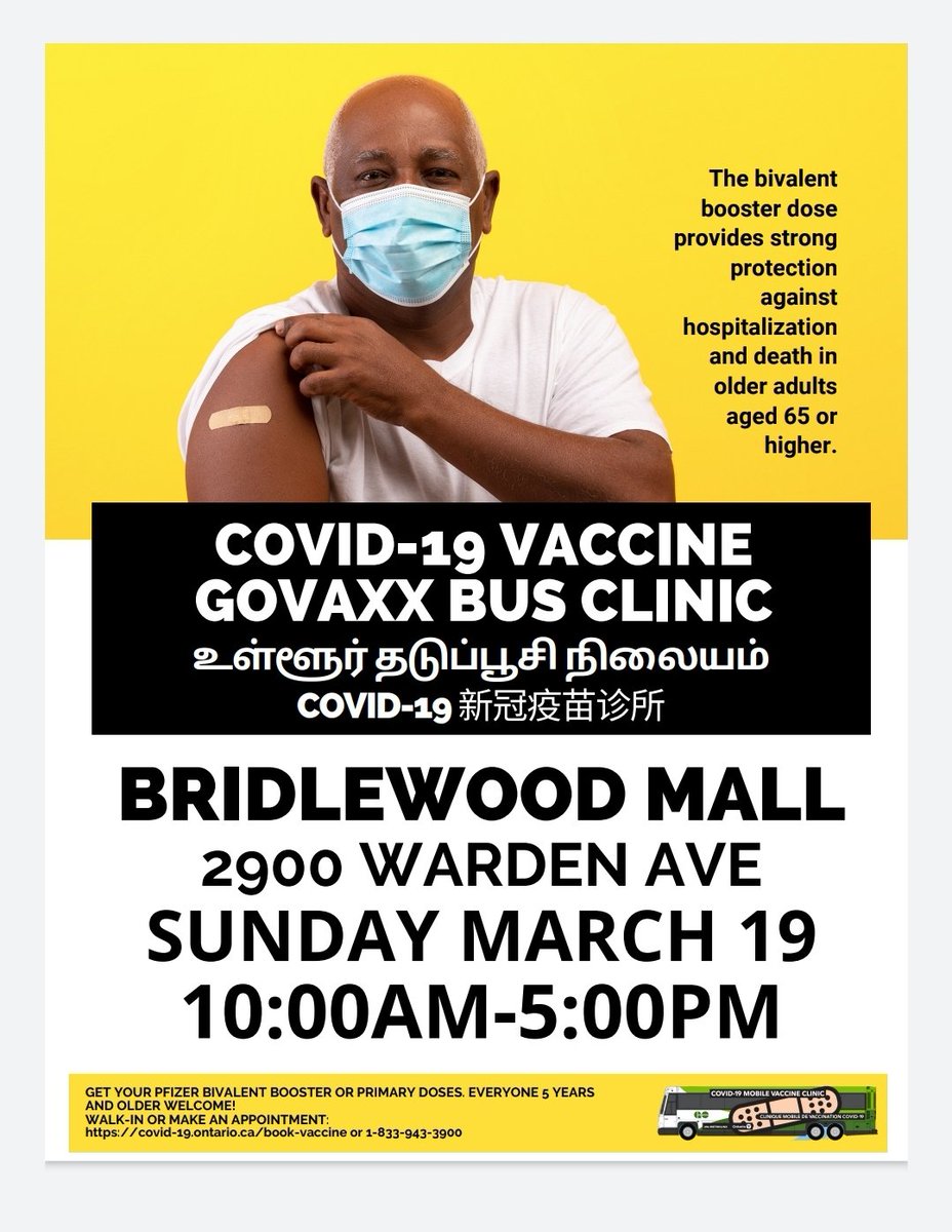 NorthScarbTO's tweet photo. #GoVaxx clinic @Bridlewood_Mall Sunday, March 19. Drop by for your Pfizer bivalent booster dose. https://t.co/Q8pKHizRTa