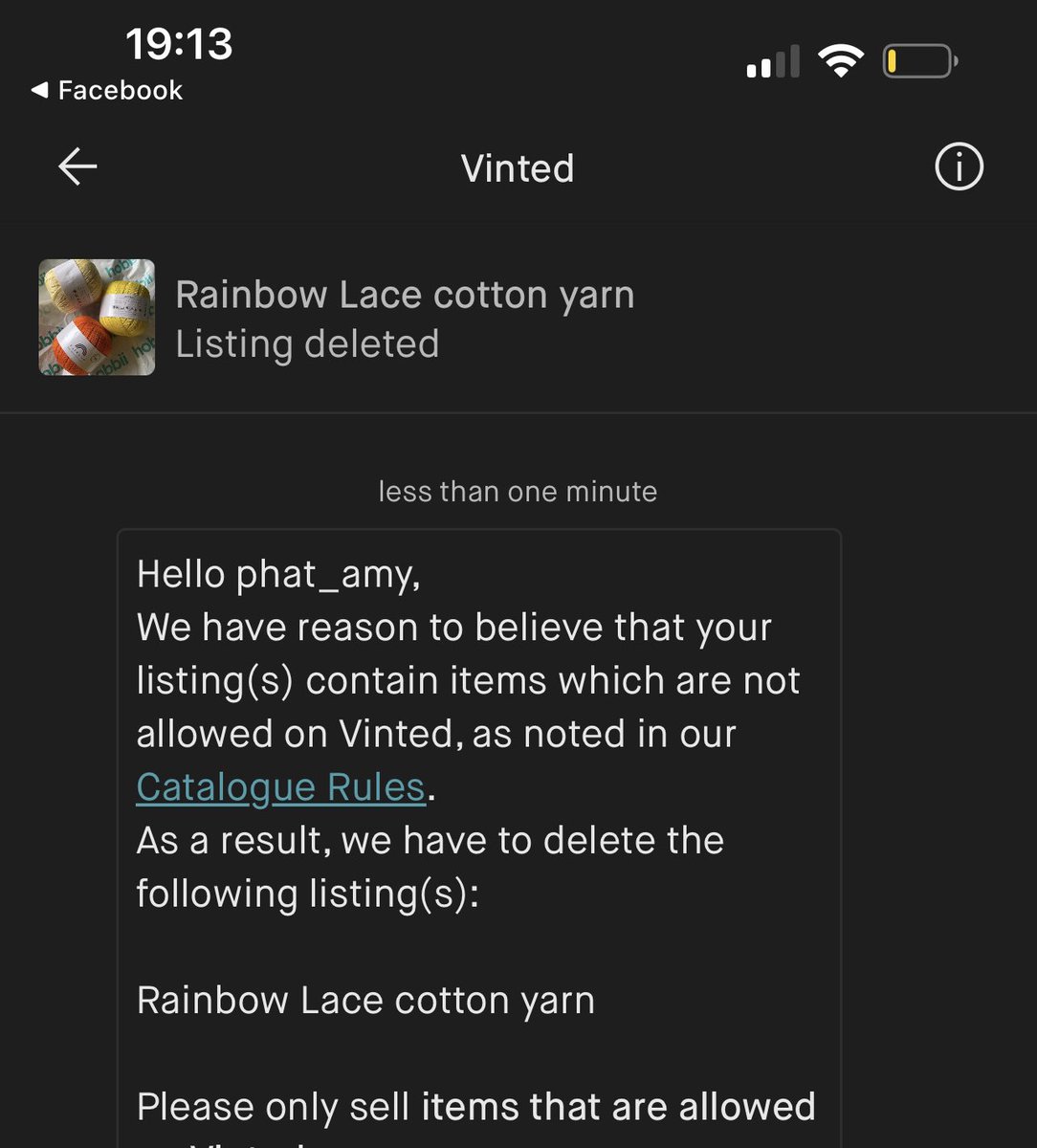 When you get told off by <a href="/vinted/">Vinted</a> for uploading….. yarn!!! (Last time it was a painting of cowboy boots…. 😂)