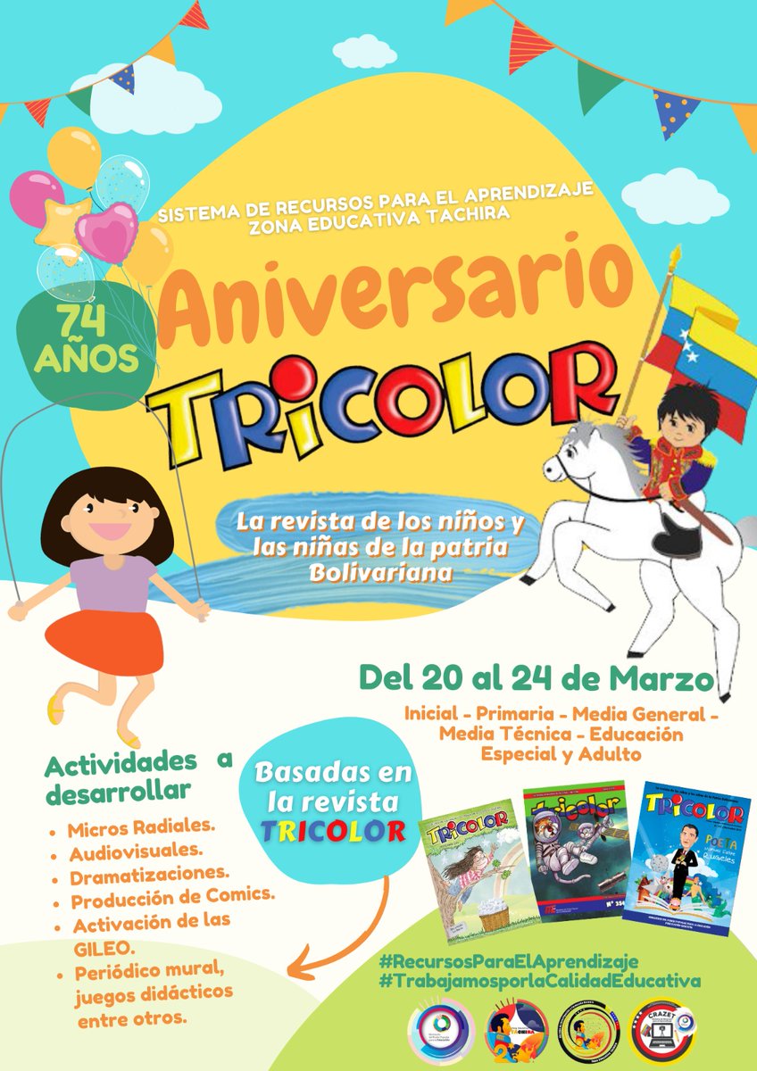 74 ANIVERSARIO DE LA REVISTA ENCUENTRO DE LOS GRUPOS DE INTERÉS DE LECTURA ESCRITURA Y ORALIDAD a celebrarse entre el 20 y el 24 de marzo en todas las instituciones del estado Táchira asi lo dio a conocer la Lcda <a href="/Berzabethg1/">Berzabethgandicaoficial</a>
Directora de @zonaeductachira <a href="/DGRPA1/">@DGRPA1</a> @MPPEDUCACION