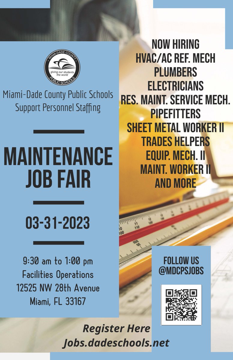 <a href="/MDCPS/">Miami-Dade Schools</a>  be hosting a Hiring Job Fair on Friday, March 31, 2023, from 9:30 a.m. – 1:00 p.m., at 12525 NW 28th Avenue, Miami, FL 33167. 
Join us for this great opportunity! #NOWHIRING 
<a href="/SuptDotres/">Jose L. Dotres, Ed.D.</a> <a href="/mantilla1776/">Rene Mantilla</a> <a href="/MDCPSOperations/">MDCPS Operations</a> <a href="/CTEMiami/">M-DCPS Career & Technical Education</a> <a href="/CareerSourceSFL/">CareerSource SFL</a> <a href="/MDCPSCommunity/">Family and Community Engagement at M-DCPS</a>