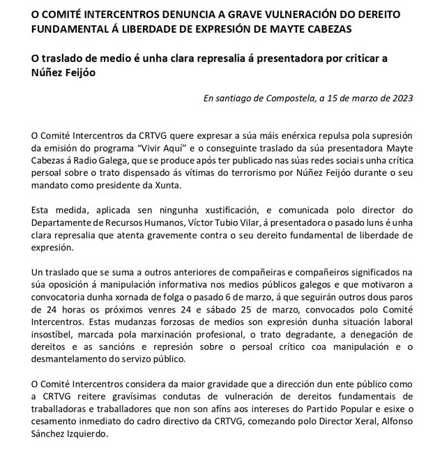 CrtvgCut's tweet photo. O Comité Intercentros denuncia a grave vulneración do dereito fundamental á liberdade de expresión de Mayte Cabezas. 

O traslado de medio é unha clara represalia á presentadora por criticar a Núñez Feijóo 👇👇 https://t.co/WlvyFLxdi1