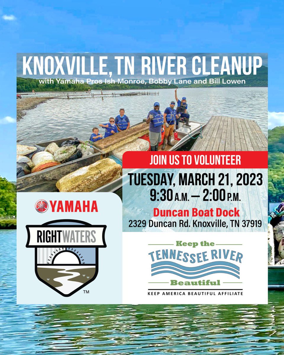 Join us to volunteer in the <a href="/TnRvrBeautiful/">TNRiverBeautiful</a> Cleanup with Yamaha Rightwaters!
-
Volunteers will be provided lunch and receive giveaways for their participation. 

Visit the link to sign up and for more info about the cleanup 🗑️♻️🎣🌅

🔗 keeptnriverbeautiful.org/yamaha-rightwa…