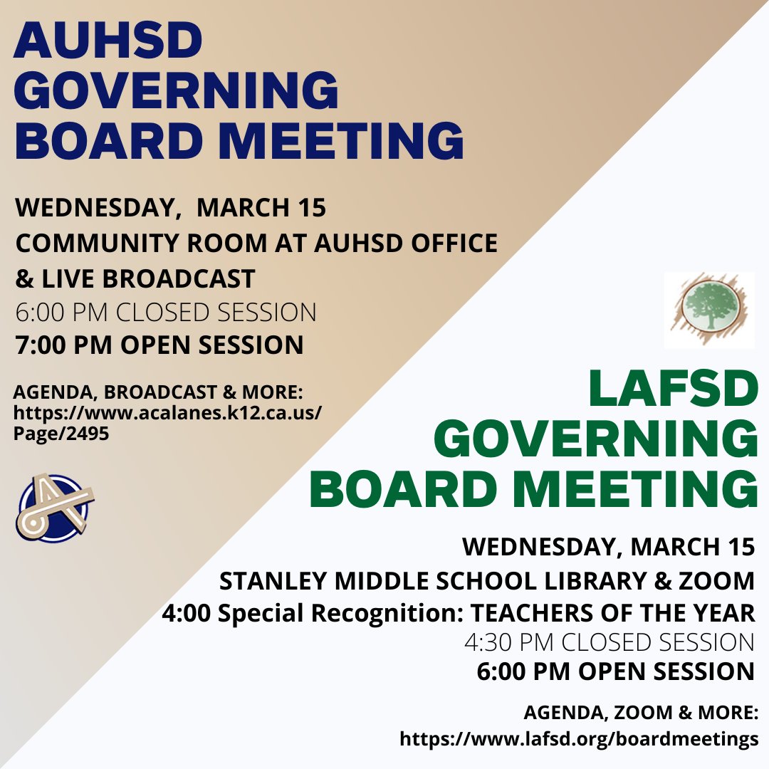 LPIEk12's tweet photo. AUHSD and LAFSD Governing Board Meetings Tonight!

@lovelafayetteEd @lovelafayette @friendlychamber @BVEBobcats @LESLeopardsK5 @HVEHuskies @mthallau @stanleywildcats @SMSWildcats_PTA @APC_Acalanes @LAFSDK8 https://t.co/fXd6pV1SqJ