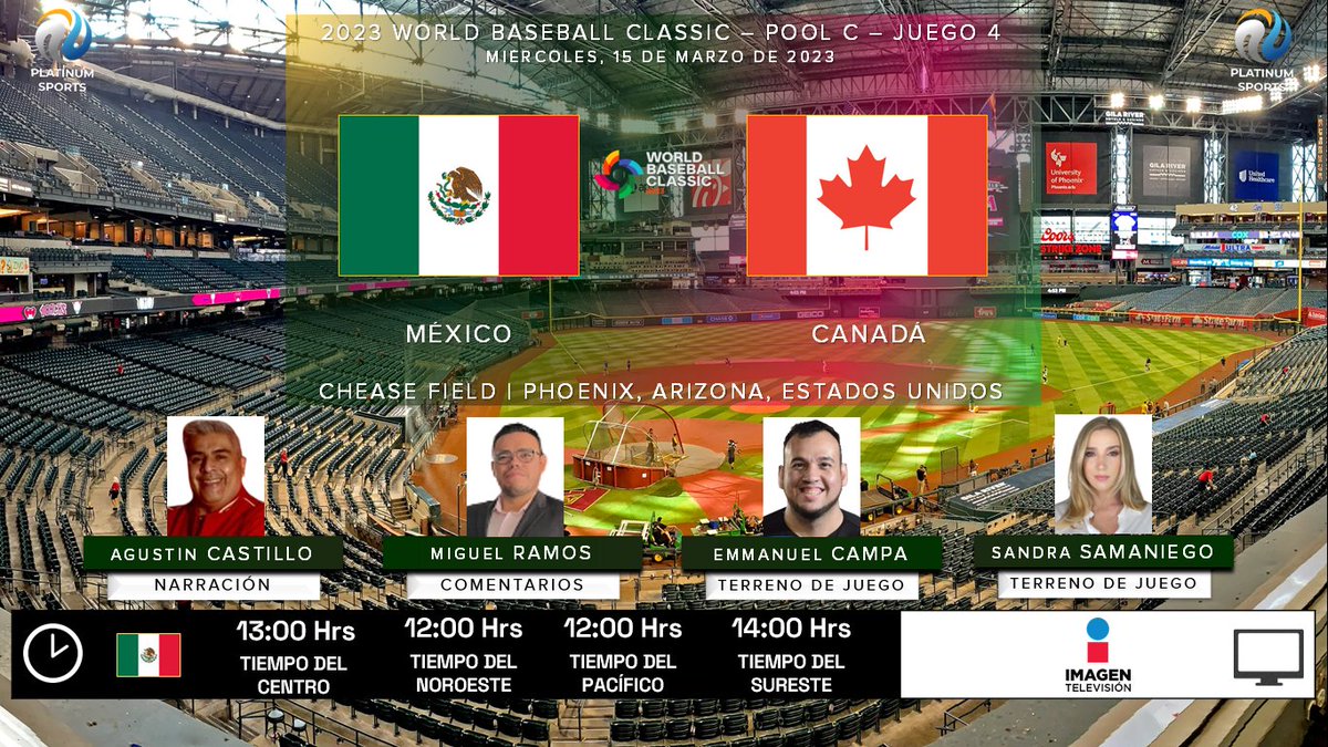 ramonovic09's tweet image. #WorldBaseballClassic    2023 #PoolC Juego 4 | 🇲🇽 #México 🆚 #Canadá 🇨🇦

🗓️ Hoy
🇲🇽 ⏰ 13:00 Hrs TC, 12:00 Hrs TP
📺 @ImagenTVMex
🎤 @acastillomx_
🎤📝 @Migue_ramoss
🎤⛳ @elcampa21
🎤⛳ @sandrassama

#LaCasaDelBéisbol #ImagenTelevisión #MEXCAN #MexicoCanada