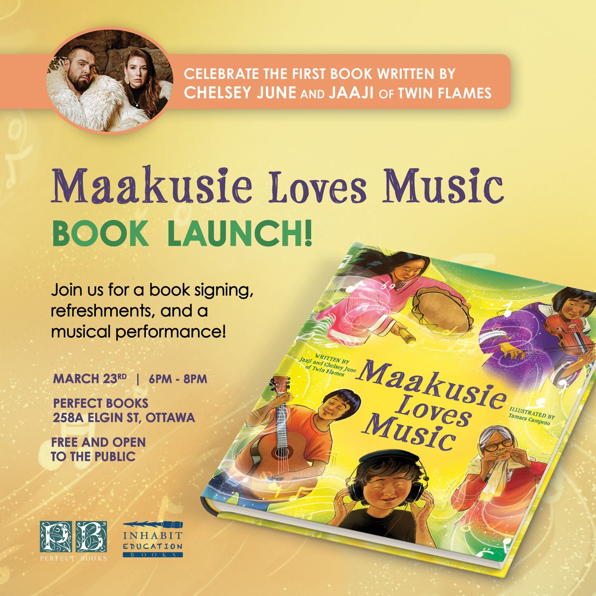 🚨 #BookLaunch alert 🚨 Join us on March 23rd at 6PM at @PerfectBooksOtt to celebrate the launch of MAAKUSIE LOVES MUSIC by Chelsey June and Jaaji of @twinflamesband. 

There'll be a book signing, refreshments, and even a musical performance! And the best part? It's free!