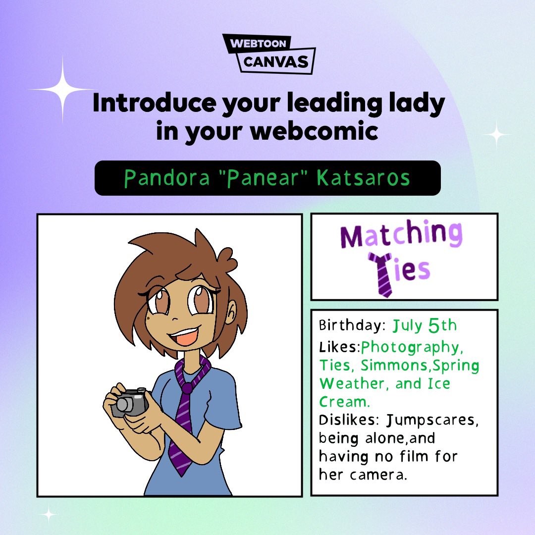 MatchingTies2's tweet photo. Happy Women’s History Month! Shoutout to @webtooncanvas for hosting this fun event! Let’s get to know the leading lady of Matching Ties. Panear is a simple gal who loves taking neat photos and hanging out with her best friend! #WebtoonCanvas #webtoon #MatchingTies https://t.co/5J9rv6PGb0