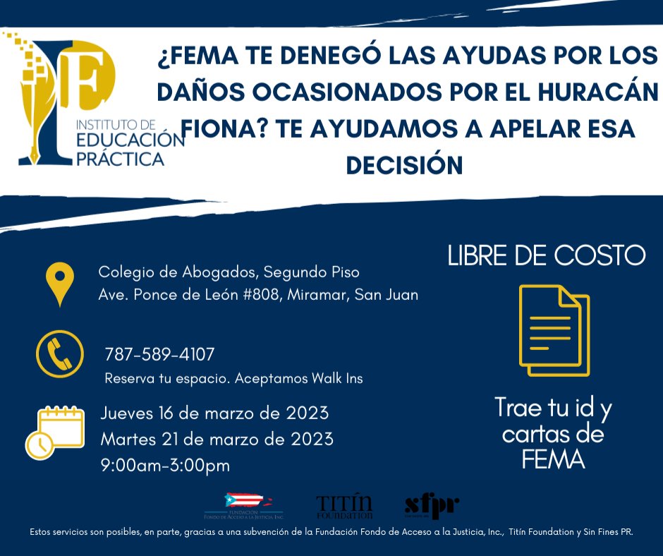 RECONSIDERACIONES &amp; APELACIONES ante FEMA

Servicio ofrecido por El Instituto de Educación Práctica del CAPR, Inc. a través de una subvención de la FFAJ, <a href="/TITINFOUNDATION/">Titín Foundation</a> Y <a href="/SINFINESPR/">sinfinespr.org</a>