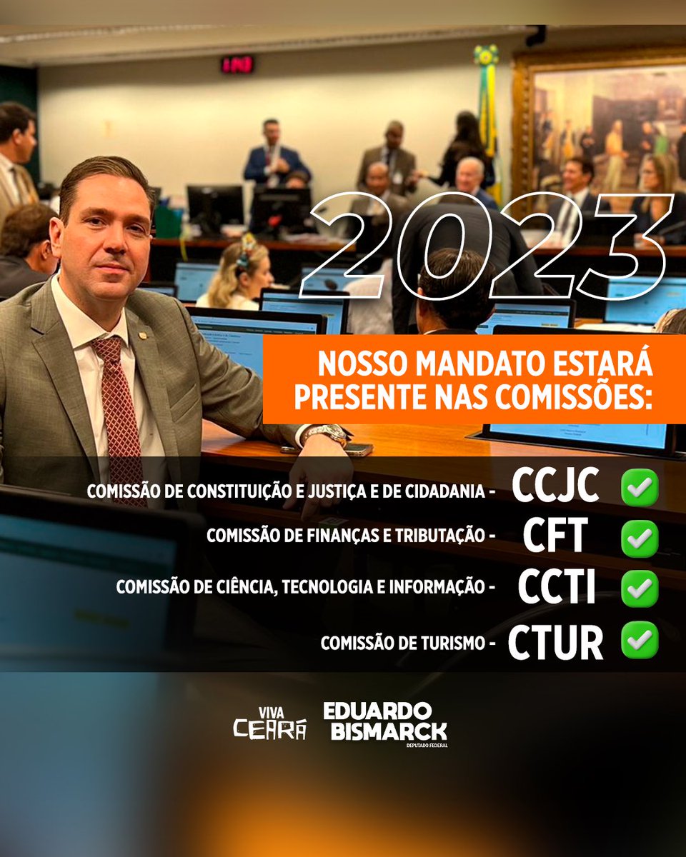 eduardobismarck's tweet photo. Essas são as comissões que o nosso mandato vai atuar este ano. 🙏
Tem muito trabalho para ser feito, projetos e medidas que precisam andar! Portanto, é mãos à obra e VIVA! ✌️✌️
#EduardoBismarck #DeputadoFederal #FederalDeResultados #ceara #vivaceara #ccjc #cft #ccti #ctur https://t.co/CIIYqoEBIB